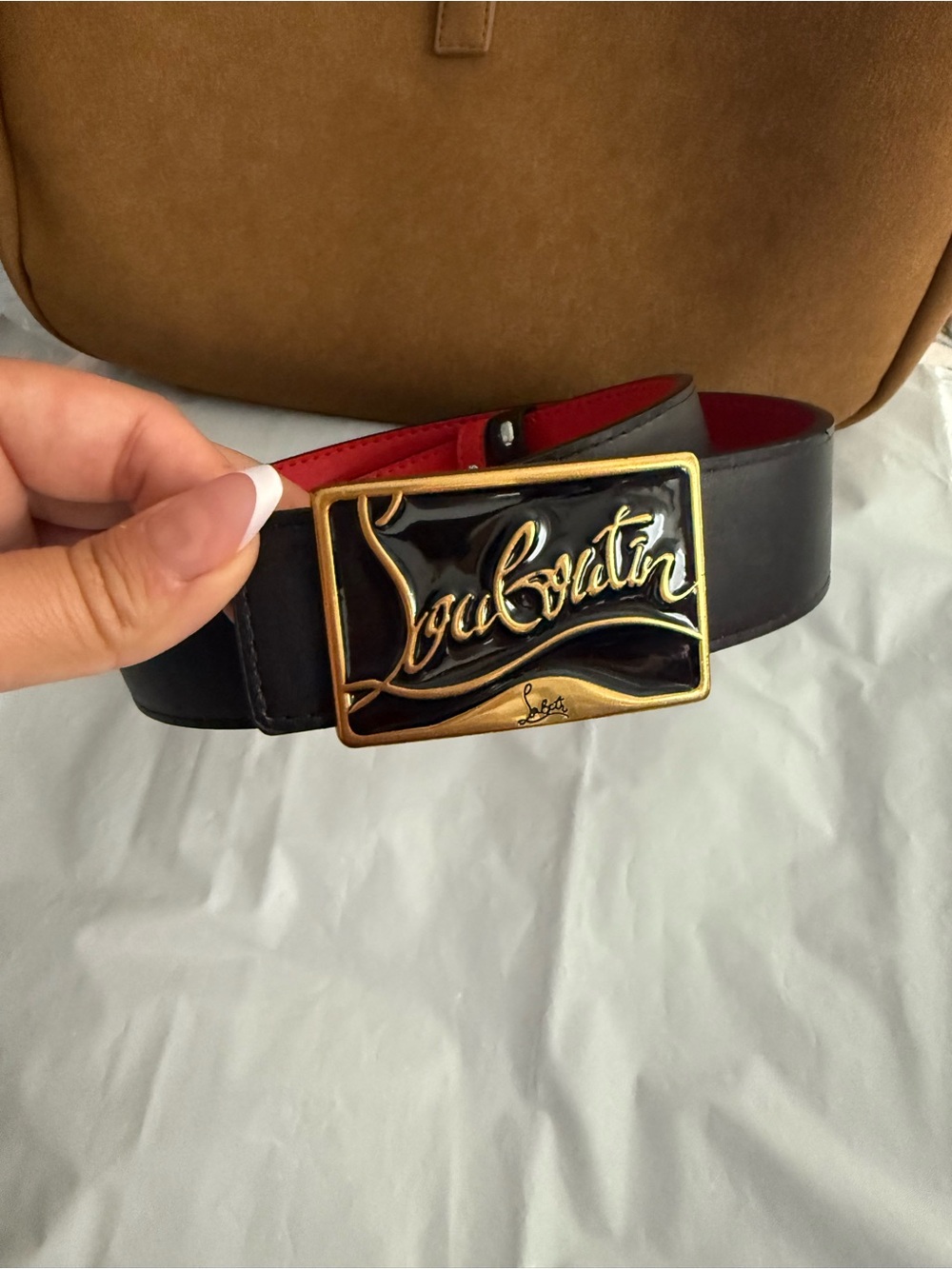 Black Leather Belt with Gold Logo Buckle and Red Lining